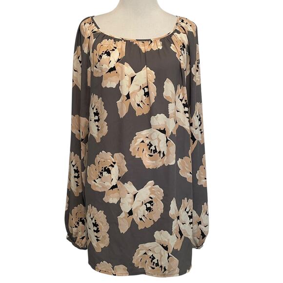 LOFT Floral Blouse Womens Size Large Tall Gray Peach Long Sleeve Career Top - Picture 2 of 9